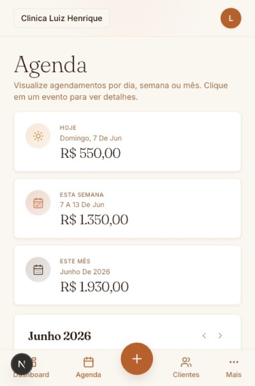 Agenda real da KEYRA no celular: agendamentos de hoje R$ 550, da semana R$ 1.350 e do mês R$ 1.930, com o calendário de junho