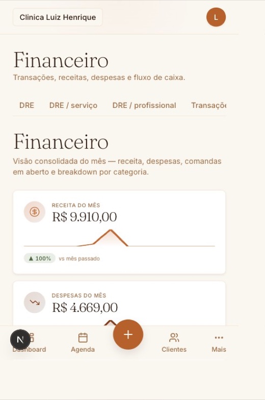 Financeiro real da KEYRA no celular: receita do mês R$ 9.910 com gráfico de evolução, despesas R$ 4.669 e abas de DRE